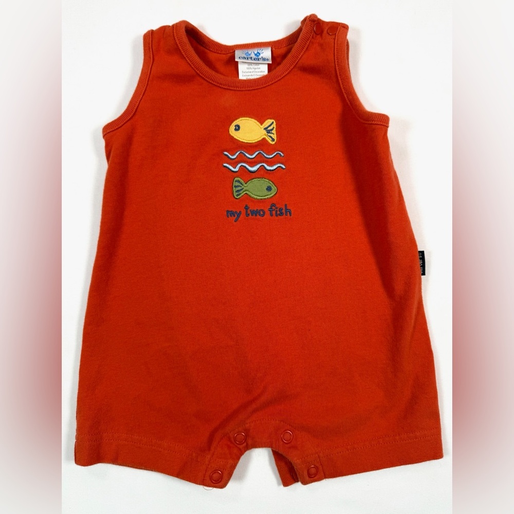 CARTER’S Baby Boys 2000s “My Two Fish” Embroidered Nautical Jon Jon Romper 3-6M